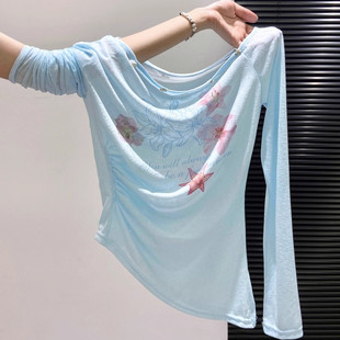 收腰褶皱不规则短款 美式 新款 防晒衣女夏季 小上衣 辣妹印花斜肩长袖