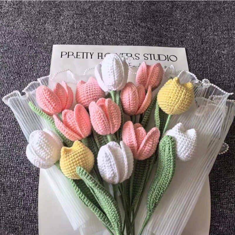 欣小贝手工编织郁金香花朵 毛线钩织多瓣郁金香成品花束 成品花苞