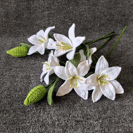 欣小贝成品毛线针织花束百合花DIY手工钩织母亲节礼物 白百合花朵