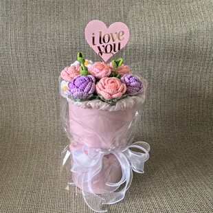 欣小贝DIY手工毛线钩织泡泡玫瑰花束 成品包装花束生日礼物包花束