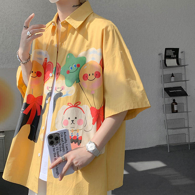 2025夏季新款日系港风男女卡通印花时尚潮牌短袖情侣衬衫宽松外套