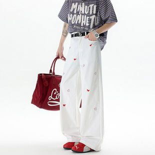 牛仔裤 潮流韩版 男款 宽松长裤 子 2025新款 黑阔腿爱心刺绣休闲裤 美式