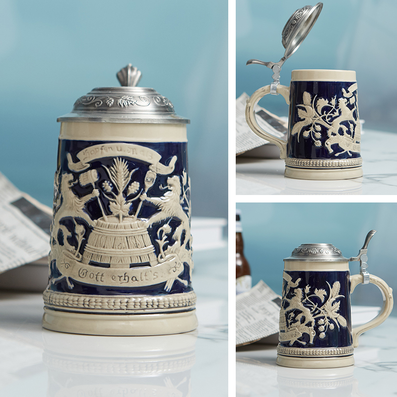 陶瓷手绘德国啤酒杯手工杯全手工制作酒杯创意陶瓷杯子酒吧装饰品