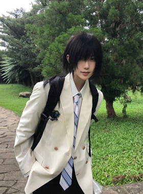 【刺篇】dk制服校供感上衣西装米白色男休闲外套双排扣西服套装