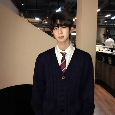 【刺篇】DK制服男开衫毛衣学院风长袖黑色蓝色针织衫外套上衣秋冬