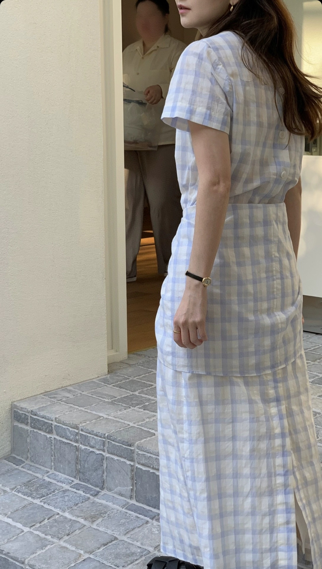 lerobe美娜家温柔气质格纹腰部打结连衣裙