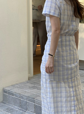 lerobe美娜家温柔气质格纹腰部打结连衣裙