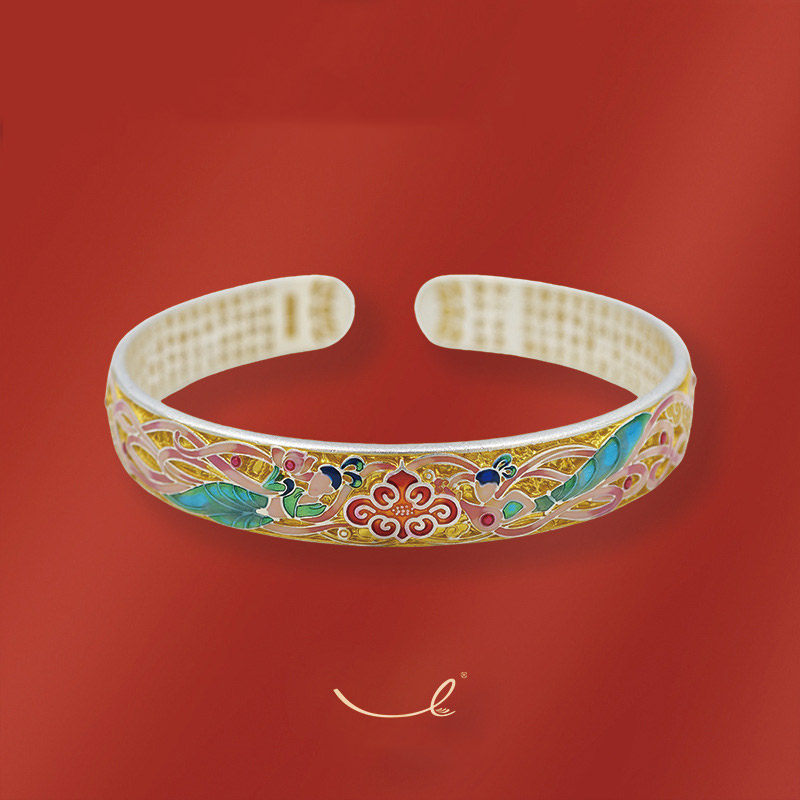 足银999手镯珐琅彩心经底开口实心纯银手镯送妈妈生日礼物