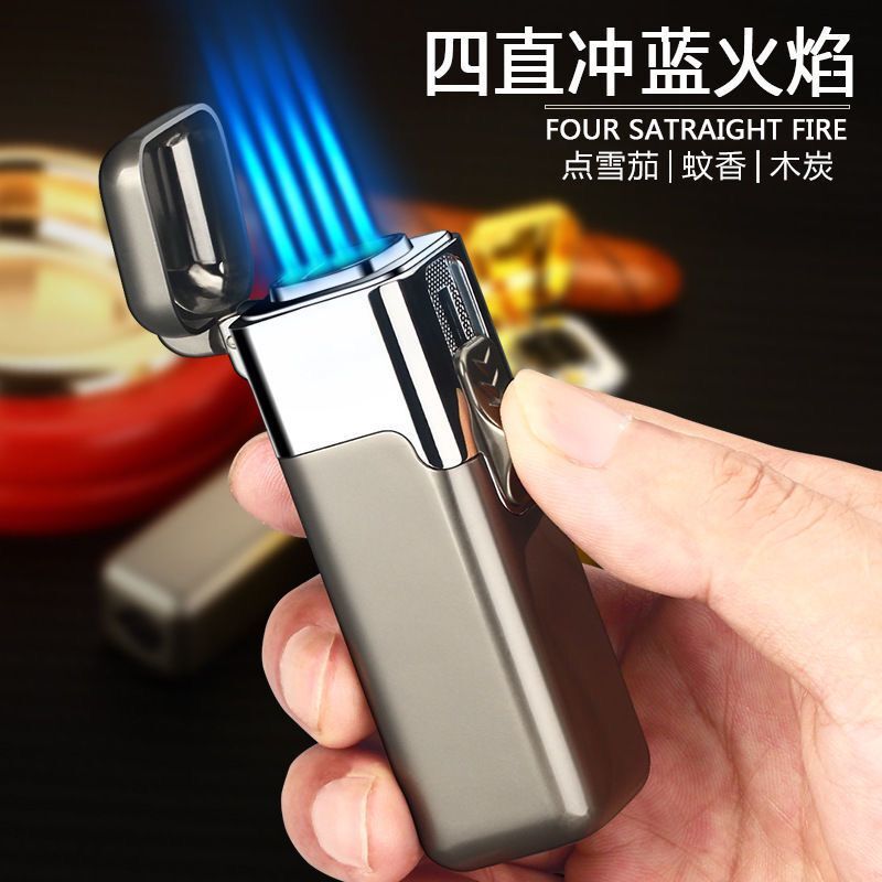 新款金属四火直冲蓝焰打火机防风创意个性潮流定制电子点火送男友