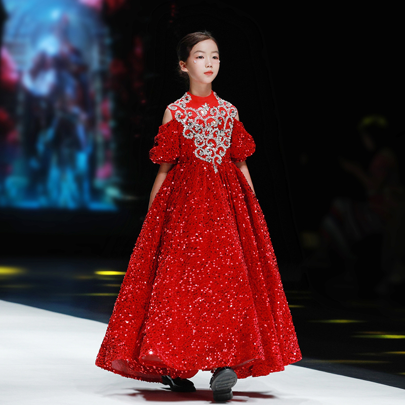 女童礼服公主裙高端红色儿童走秀舞台年会晚礼服主持人亮片演出服