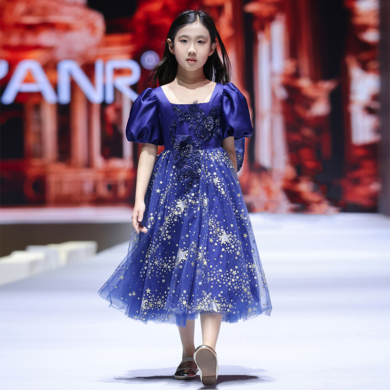 女童礼服公主裙蓝色洋气儿童花童婚礼小女孩晚礼服主持合唱演出服