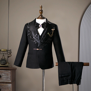 大童钢琴演出服黑色 高端儿童礼服男生走秀主持人服装 男童西装 套装