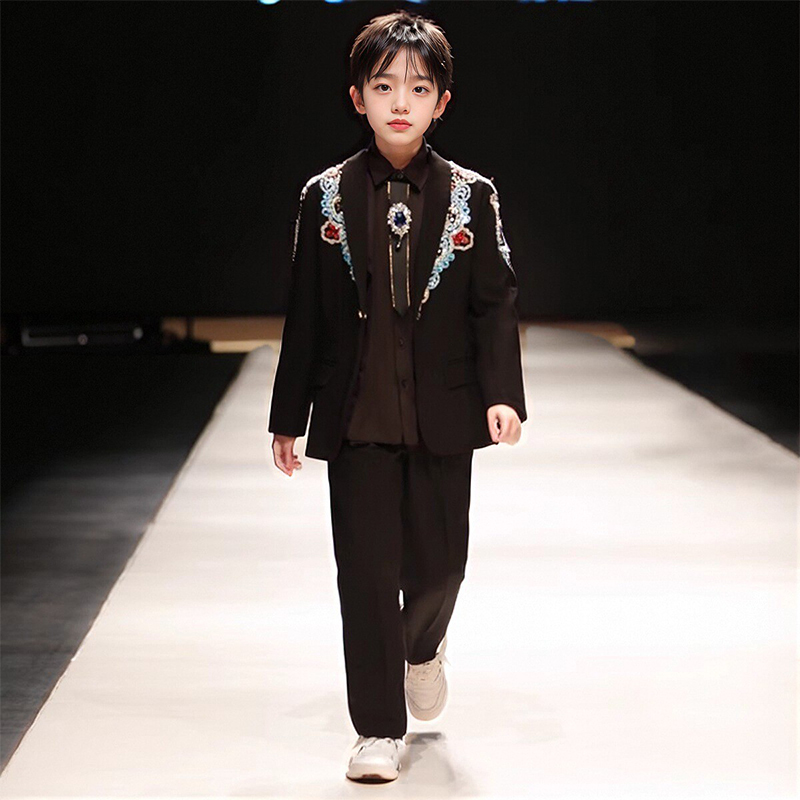 儿童模特走秀钢琴演出服男童西服套装复古小西装主持人中国风礼服