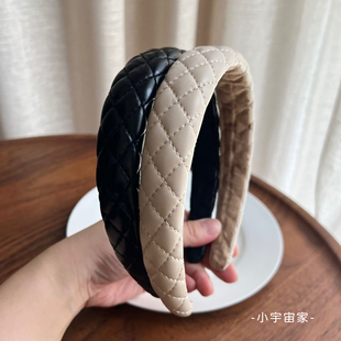 老钱小香风菱格发箍～高颅顶法式高级感pu皮质加厚压发黑色头箍女