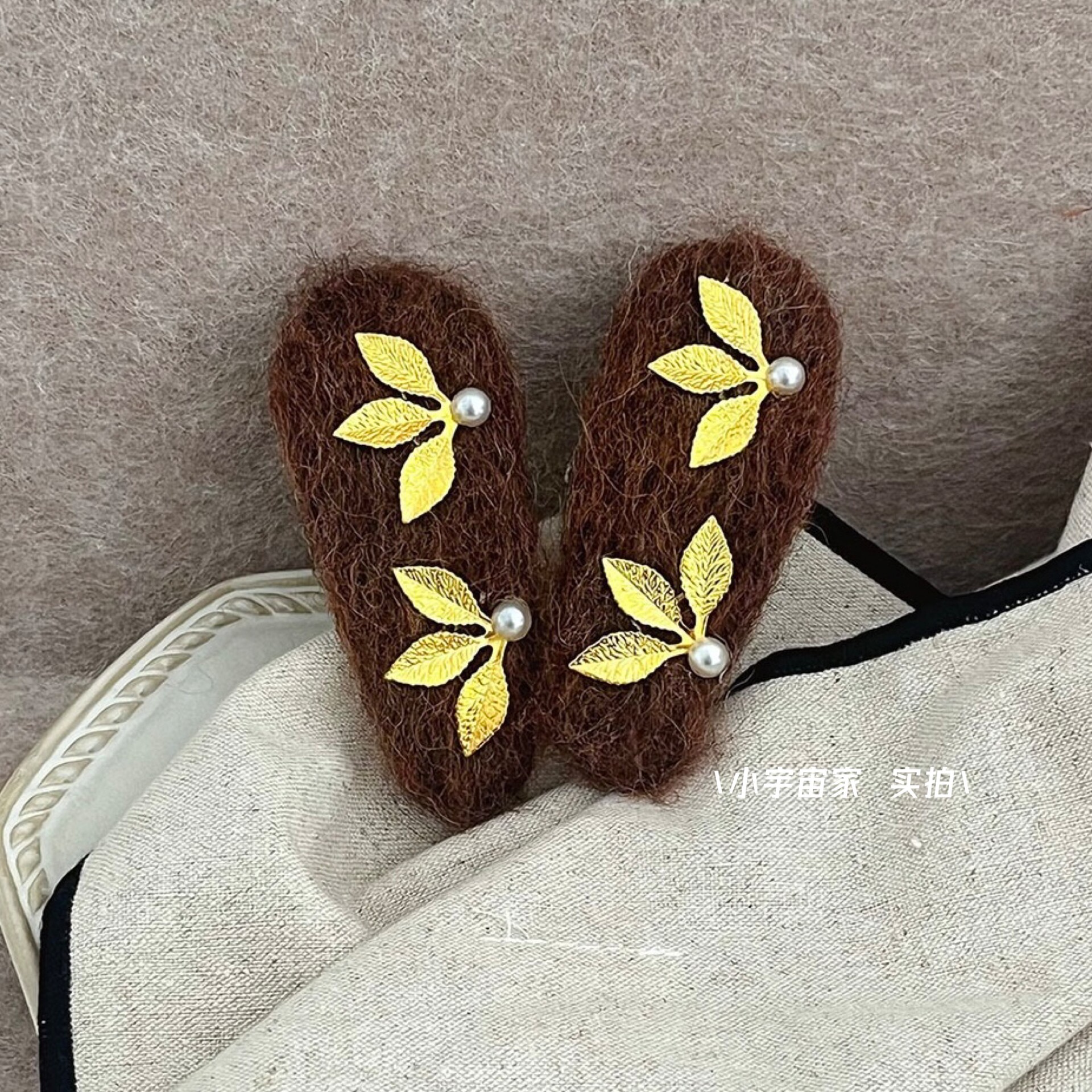 落日金棕毛绒金属叶子珍珠发夹女复古气质毛毛边夹刘海掰掰夹百搭