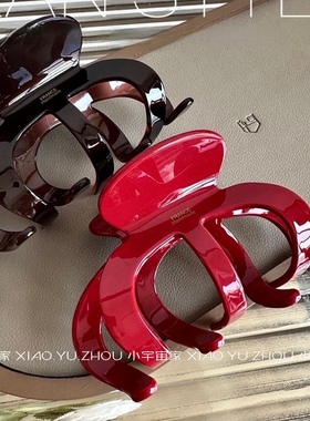 法式France巧克力色醋酸抓夹轻奢高级红色棕南瓜发抓盘发鲨鱼夹女