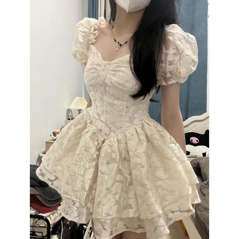 夏季女装法式复古收腰设计感气质泡泡袖公主裙温柔风蓬蓬连衣裙子