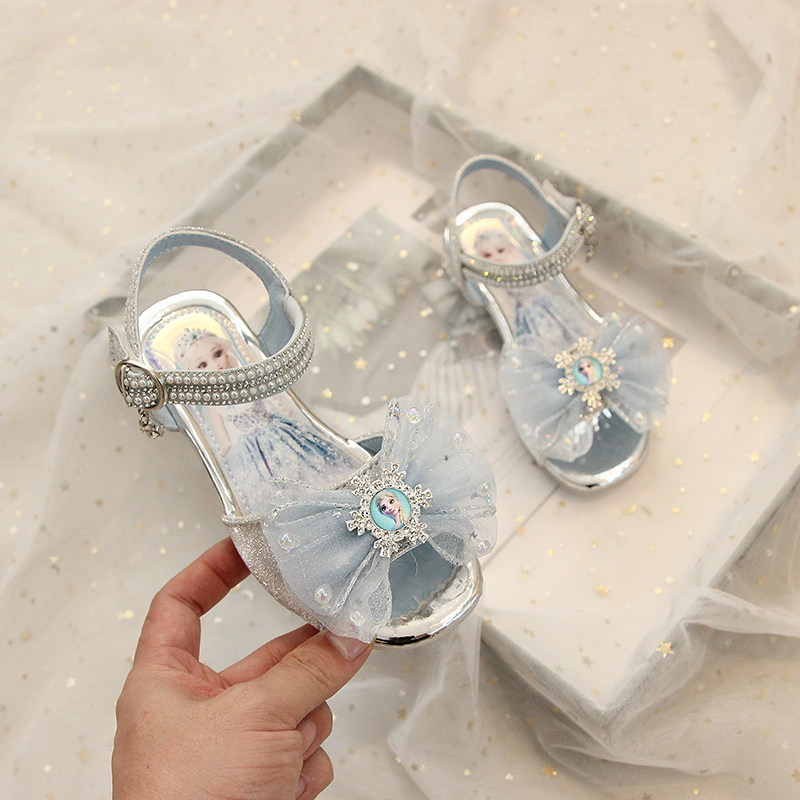 女童爱莎凉鞋露趾2025夏季中大童软底高跟小女孩水晶儿童公主鞋