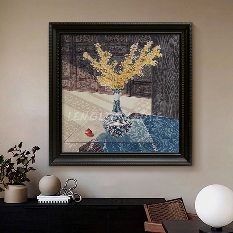 宋代美学手绘油画中式桌面摆件客厅餐厅装饰画植物青花瓷玄关挂画图片
