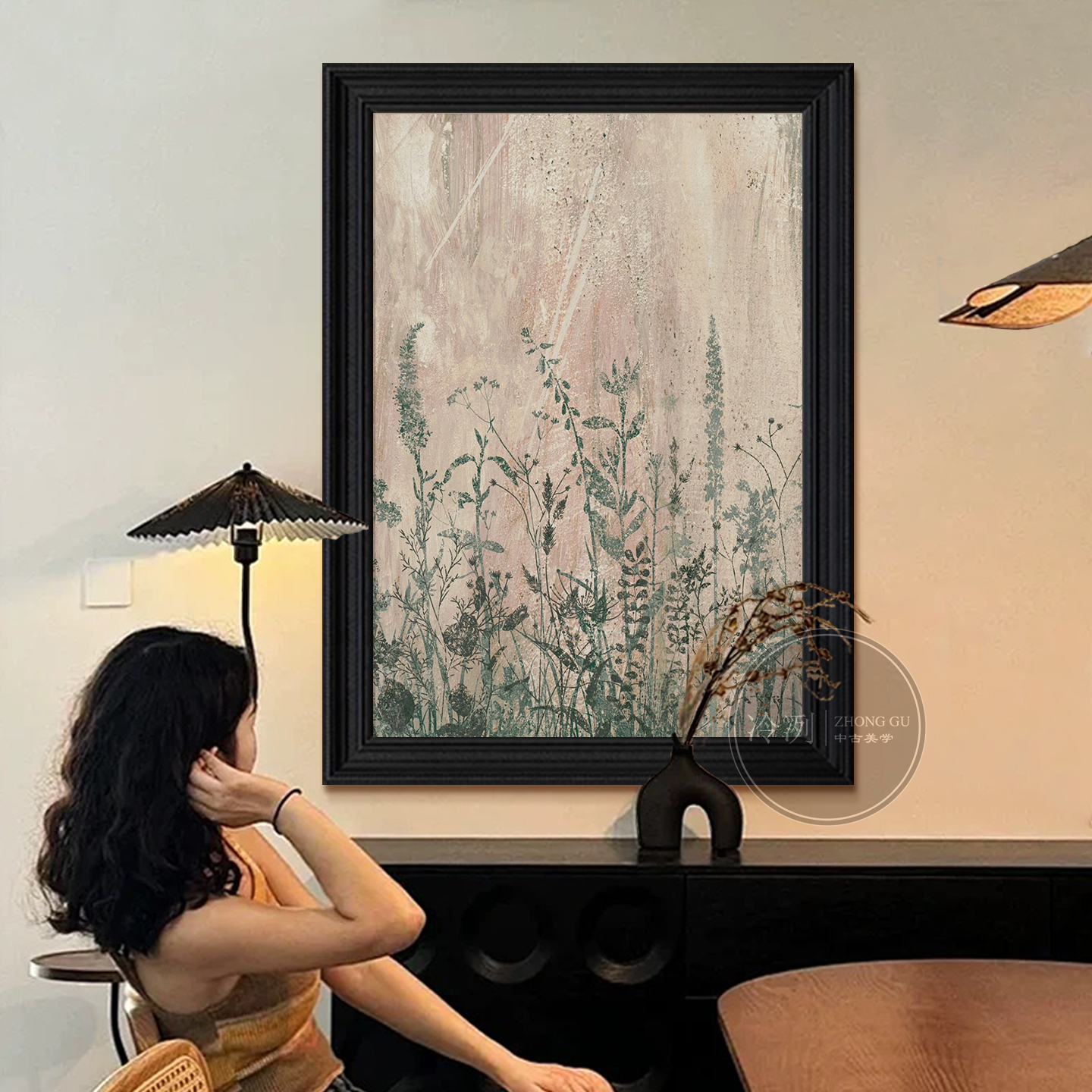 美式中古风抽象植物花卉客厅装饰画酒店玄关挂画民宿高端手绘油画图片