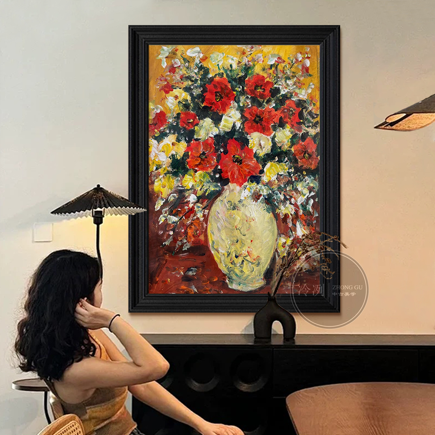 繁花雅集》美式复古手绘油画抽象花卉酒店客厅挂画轻奢玄关装饰画图片