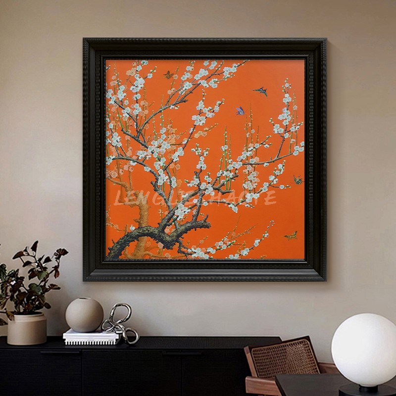 梵高风格侘寂玄关卧室梅花蝴蝶客厅装饰挂画新中式复古风手绘油画图片