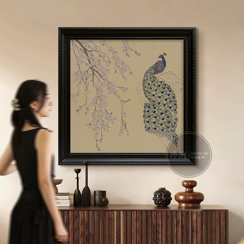 中古风孔雀动物客厅餐厅装饰画沙发背景墙挂画玄关肌理感手绘油画图片