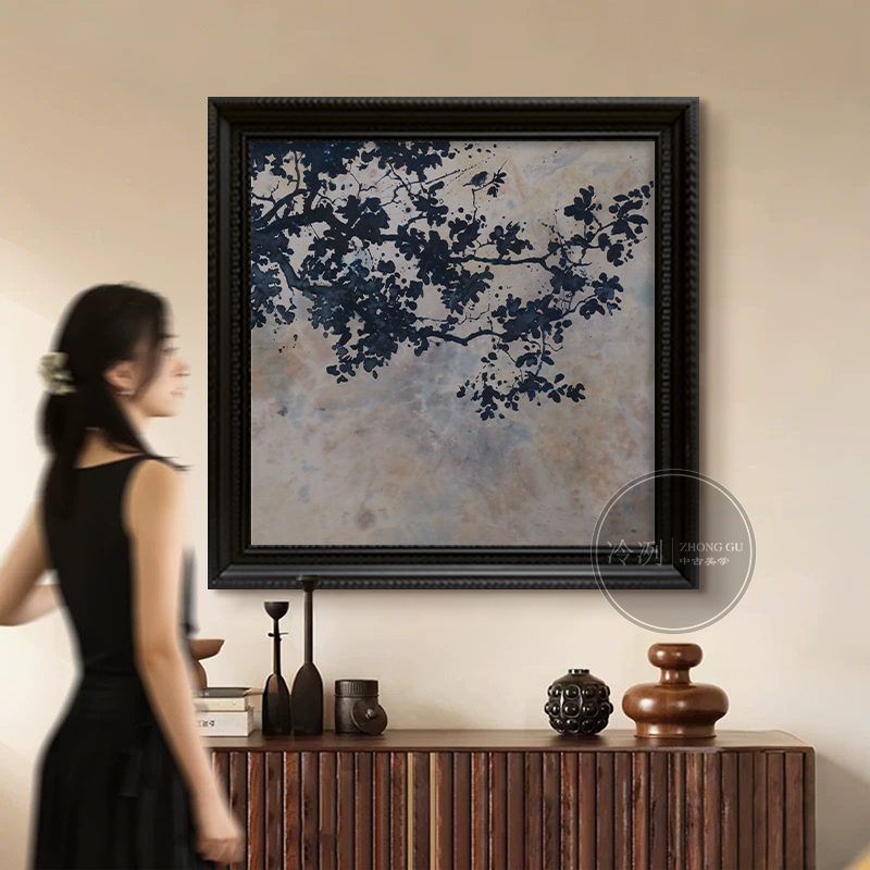 中古风现代高级感手绘油画树枝光影客厅装饰画玄关过道正方形挂画图片