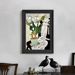 手绘油画马蒂斯静物客厅卧室装 饰挂画法式 黑白色花卉玄关桌面摆件