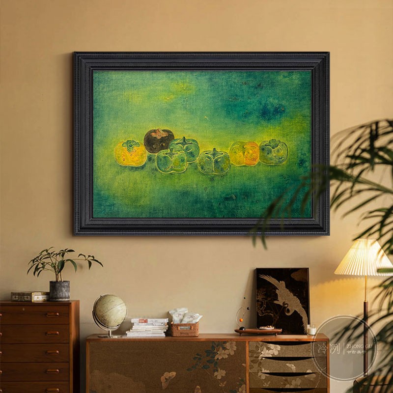 中古风抽象绿色系水果蔬菜客厅装饰画复古挂画玄关背景墙手绘油画图片
