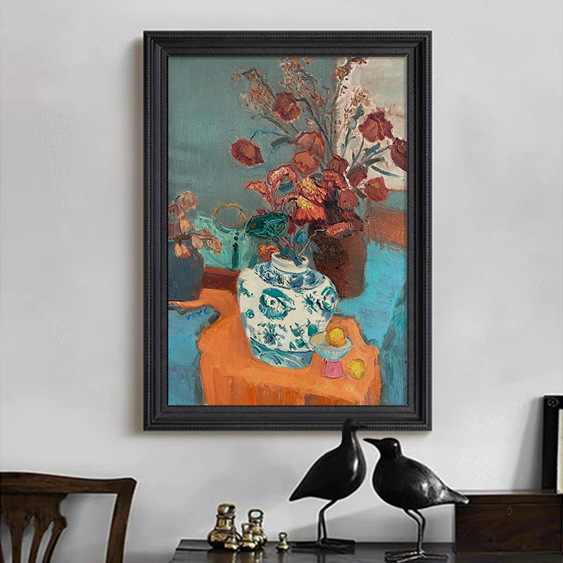 法式中国风抽象青花瓷静物花瓶花卉客厅卧室装饰挂画玄关手绘油画图片