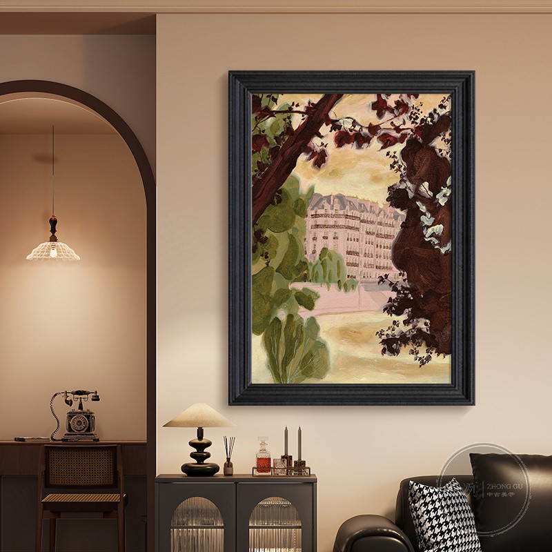 法式抽象建筑风景挂画中古风客厅卧室装饰画餐厅玄关小众手绘油画图片