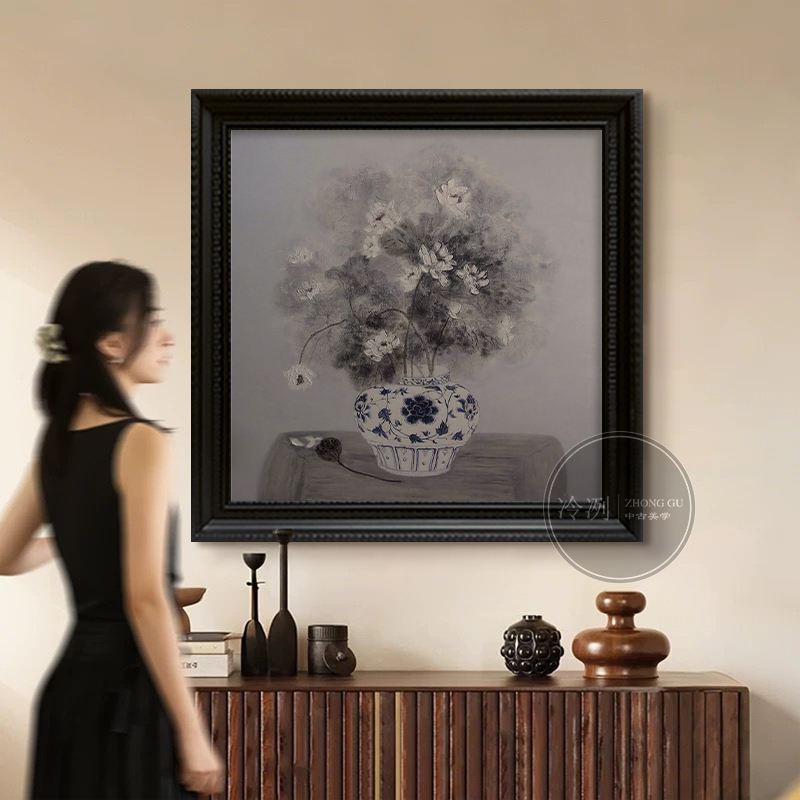 青花绽香》中式复古青花瓷花卉客厅装饰画古典挂画玄关柜手绘油画图片