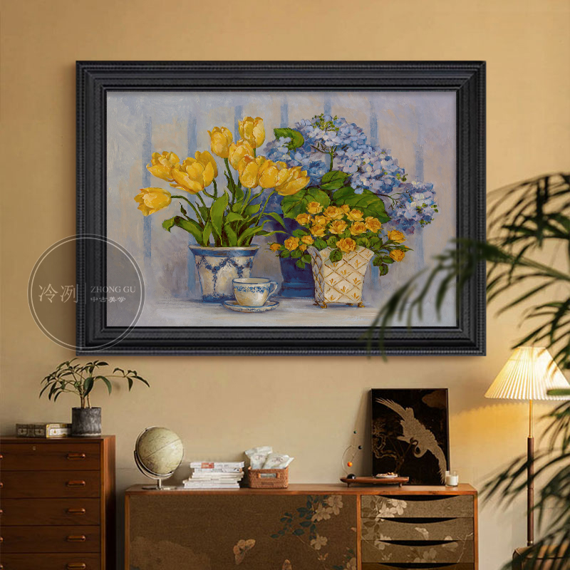 美式复古静物花卉客厅卧室手绘油画中古风挂画酒店玄关古典装饰画图片