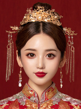 新款中式秀禾服头饰高级大气简约步摇新娘龙凤褂配饰品发饰凤冠金