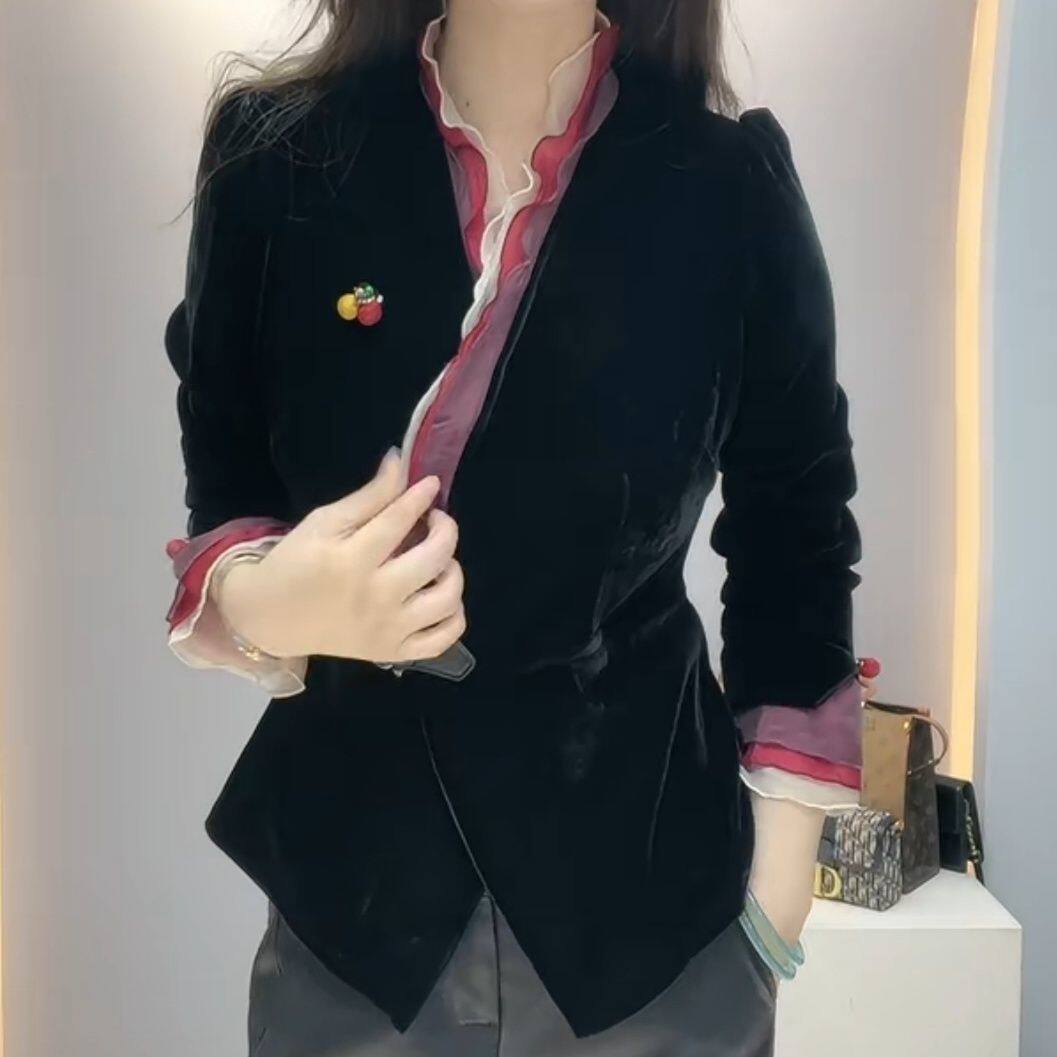 名媛时髦荷叶衬衫丝绒202
