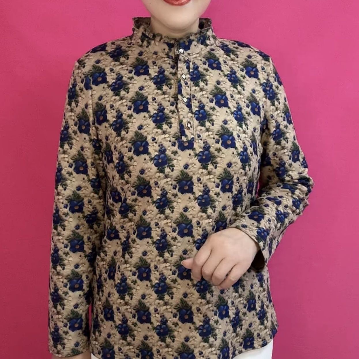 复古碎花立领长袖上衣女