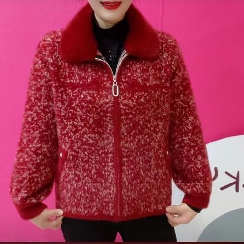 红色毛领拉链针织开衫女