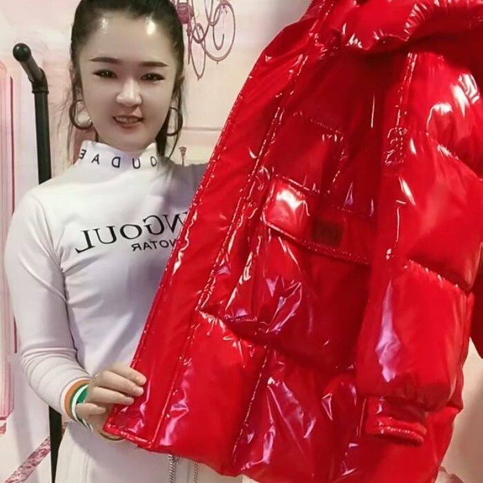 高档免洗中长款亮面女棉服韩版连帽棉袄宽松女士棉袄棉袄女冬季