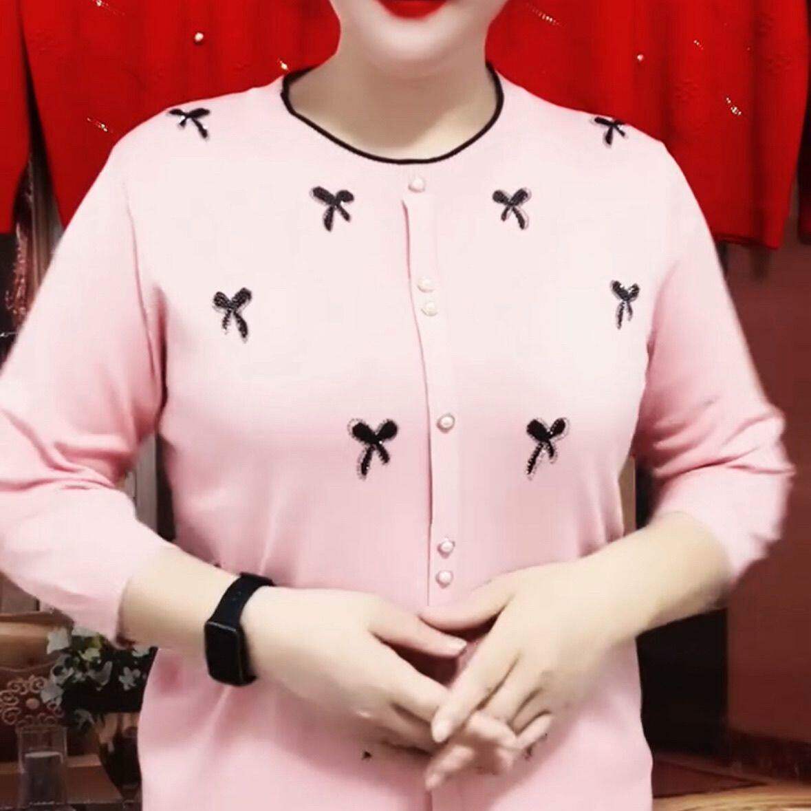 春装圆领烫钻蝴蝶结针织衫女士七分袖套头宽松冰丝洋气打底上衣