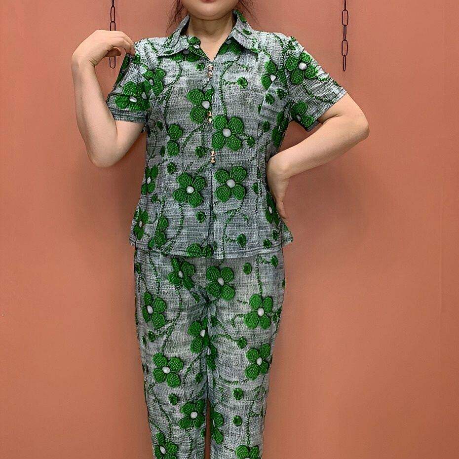 中老年3D印花套装翻领透气冰丝两件套抗皱妈妈装短袖九分裤套装女