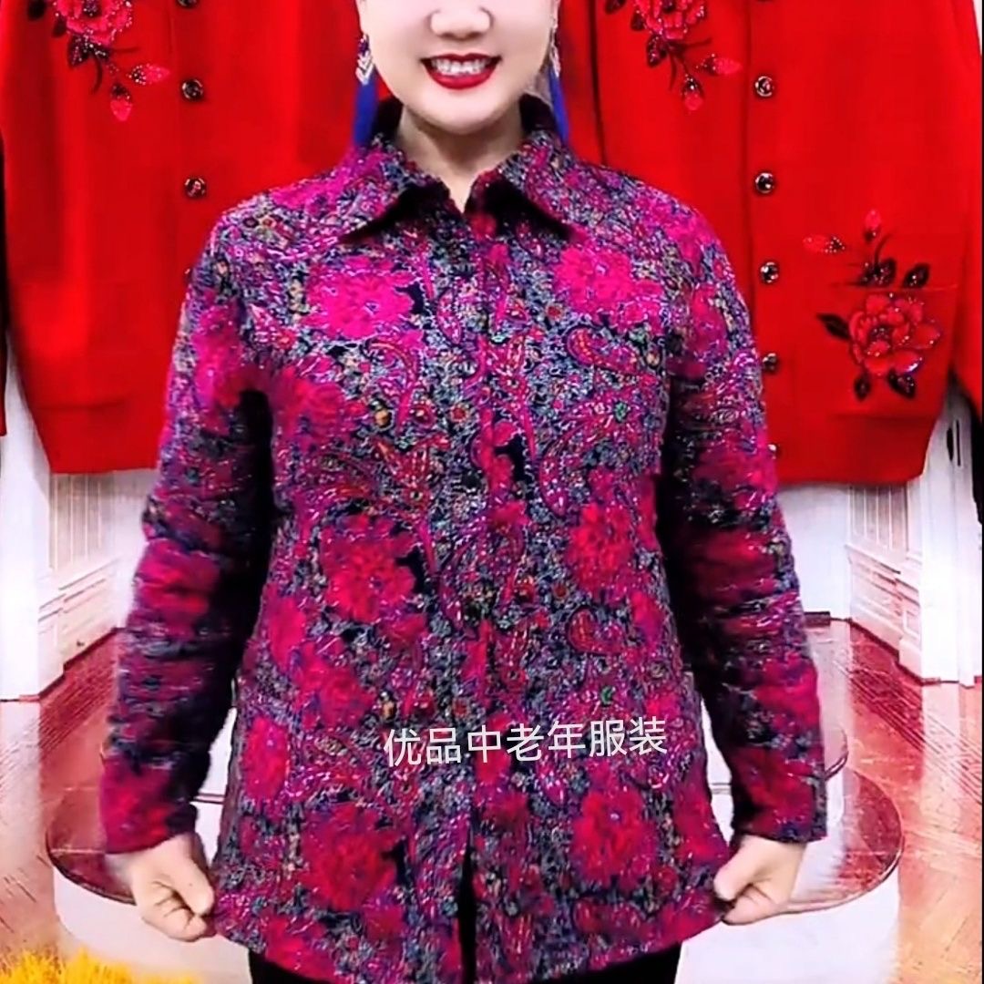 民族风印花翻领外套女中老年妈妈装气质显瘦开衫上衣