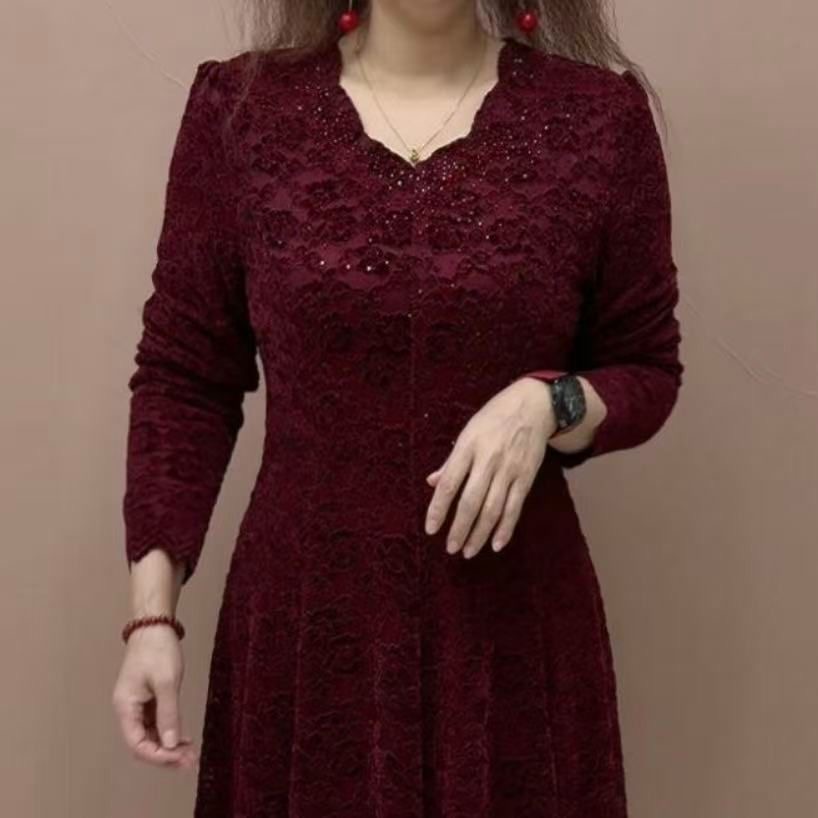 秋季V领蕾丝连衣裙女长袖