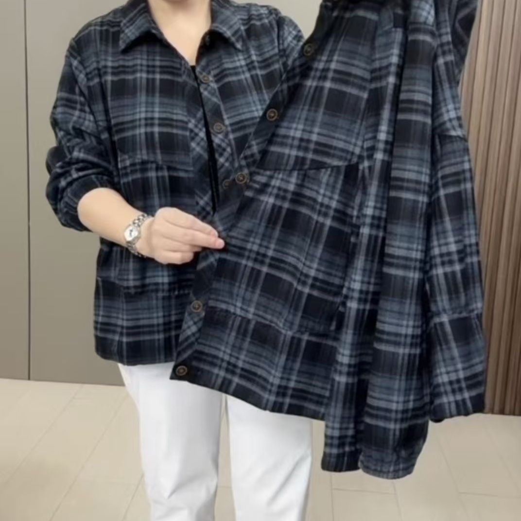 秋季女翻领长袖格子拼接