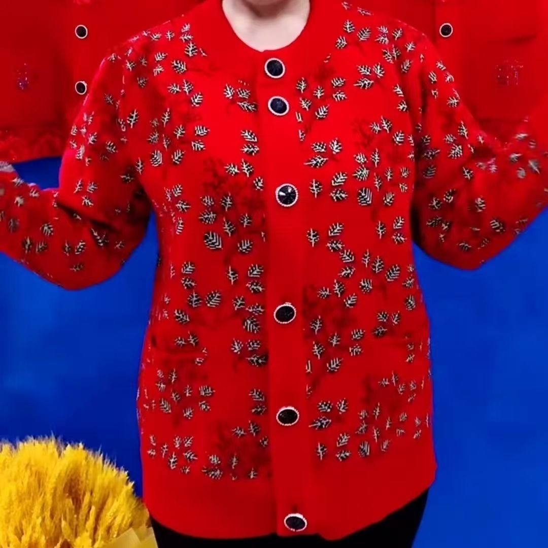 中老年红色印花针织开衫女妈妈装加厚大码外套奶奶秋冬装