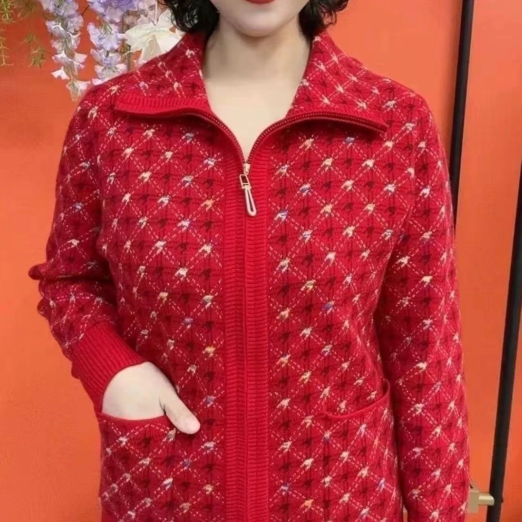 红色拉链针织开衫女中老