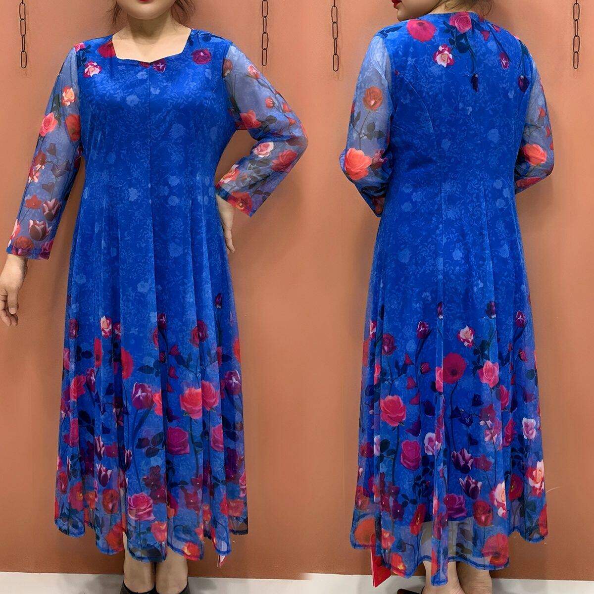 红色玫瑰印花网纱洋装妈