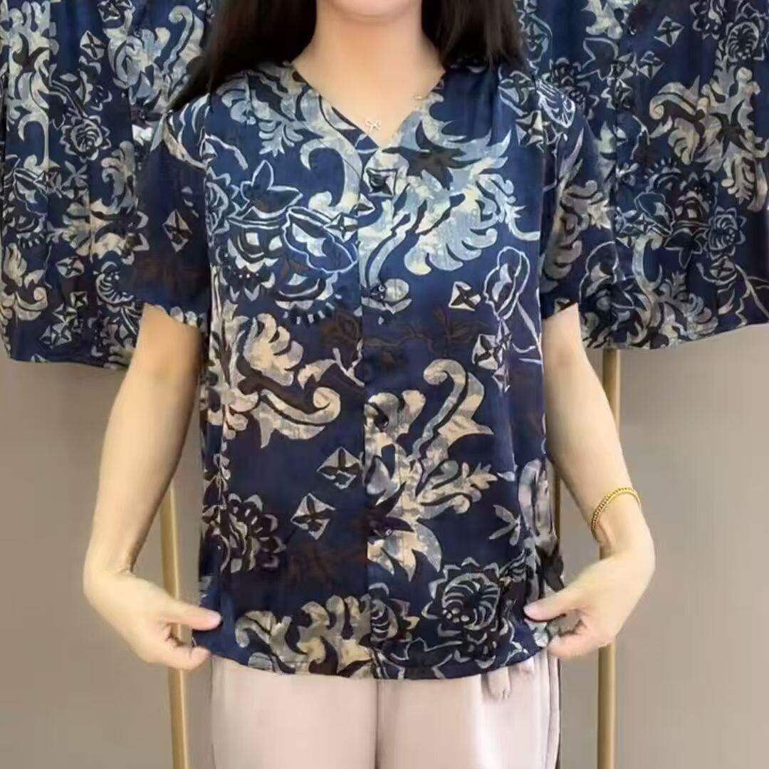 夏季中老年女装V领复古青