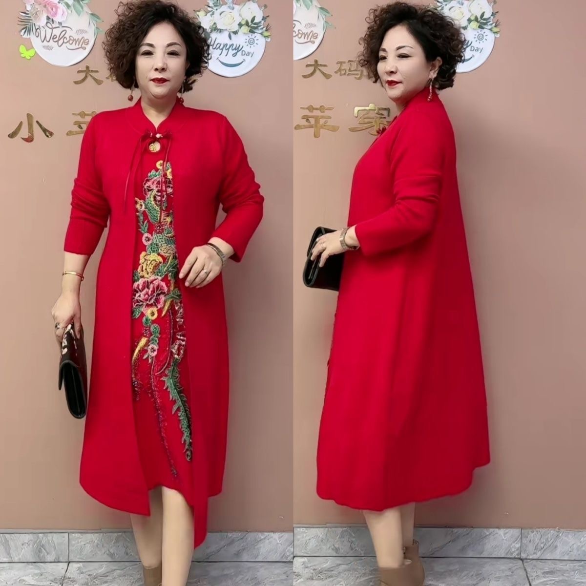 中国刺绣风红色长款改良
