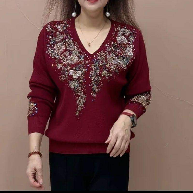 新款显瘦套头休闲时尚优雅复古钉珠绣花V领打底衫长袖女针织上衣,女装/女士精品,常规大码外套,淘宝优惠券,粉丝福利购,淘宝优惠卷